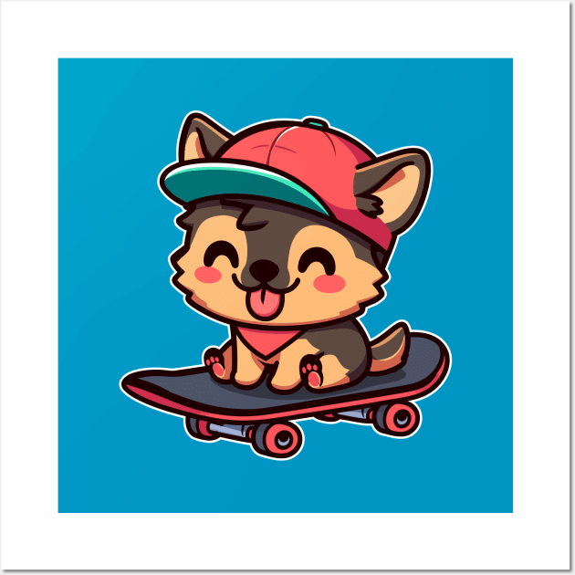 German Shepherd Puppy On A Skateboard Kawaii Skateboarding Wall Art by Cuteness Klub